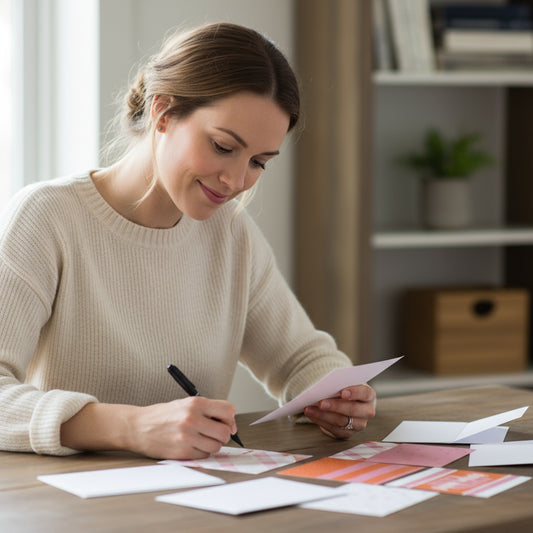 Woman sitting at a table with papers and a pen, possibly filling out a dear friend notecard.